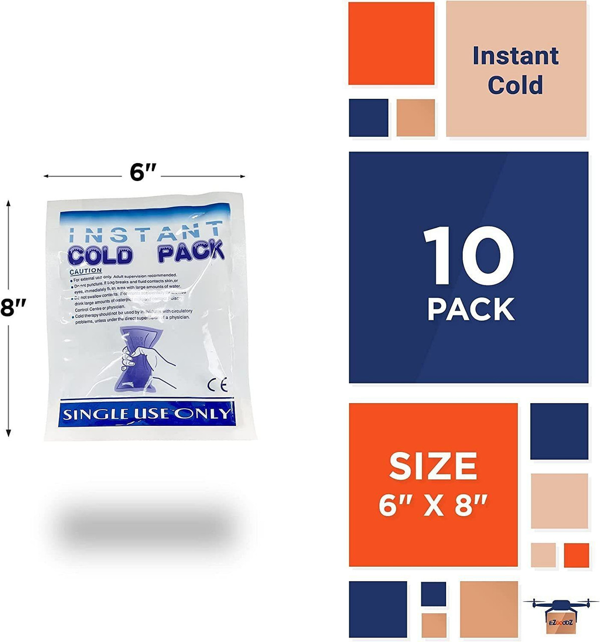 EZGOODZ Instant Cold Pack 6 x 8 Inch. Pack of 10 First Aid Instant Cold Packs for Injuries, Spasms,