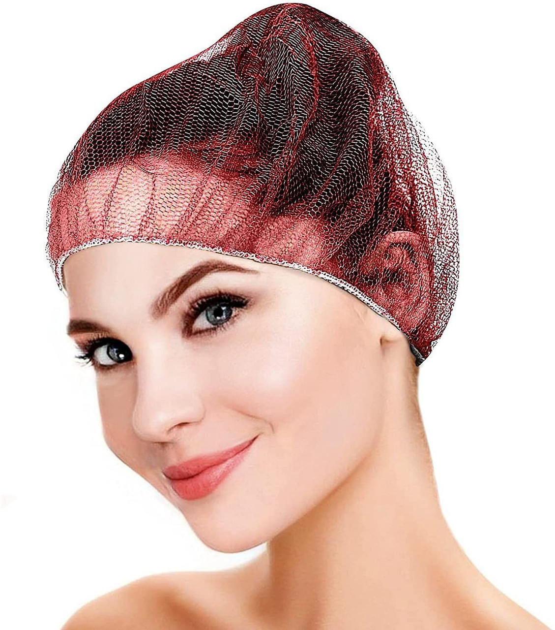 Disposable Nylon Hair Caps 24". Pack of 100 Red Bouffant Hairnets with Elastic Headband; Unisex Hai