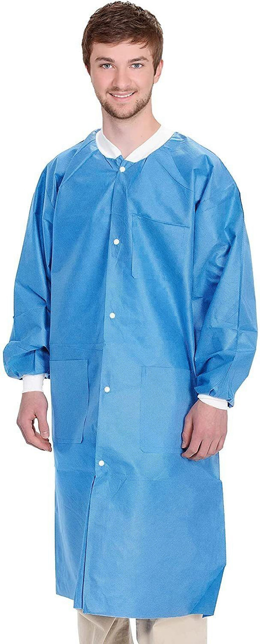 Disposable Lab Coats 43" Long. Pack of 10 Medical Blue Adult Work Gowns Medium. SMS 40 gsm PPE Clot