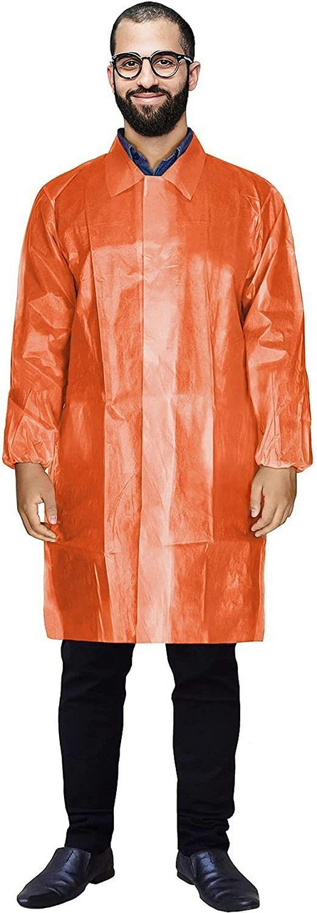 PP Lab Coat. Orange 3X-Large PP with PE Film 40 GSM Frock with Elastic Wrists; Collar; No Pockets. 