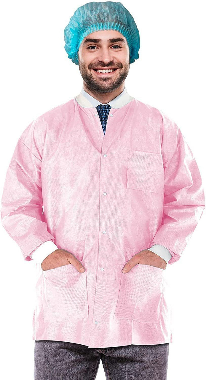 Disposable Lab Jackets; 29" Long. Pack of 10 Light Pink Hip-Length Work Gowns Small. SMS 50 gsm Shi