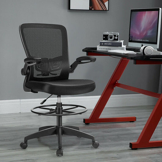 Height Adjustable Drafting Chair with Flip Up Arms for Home Office-Pink