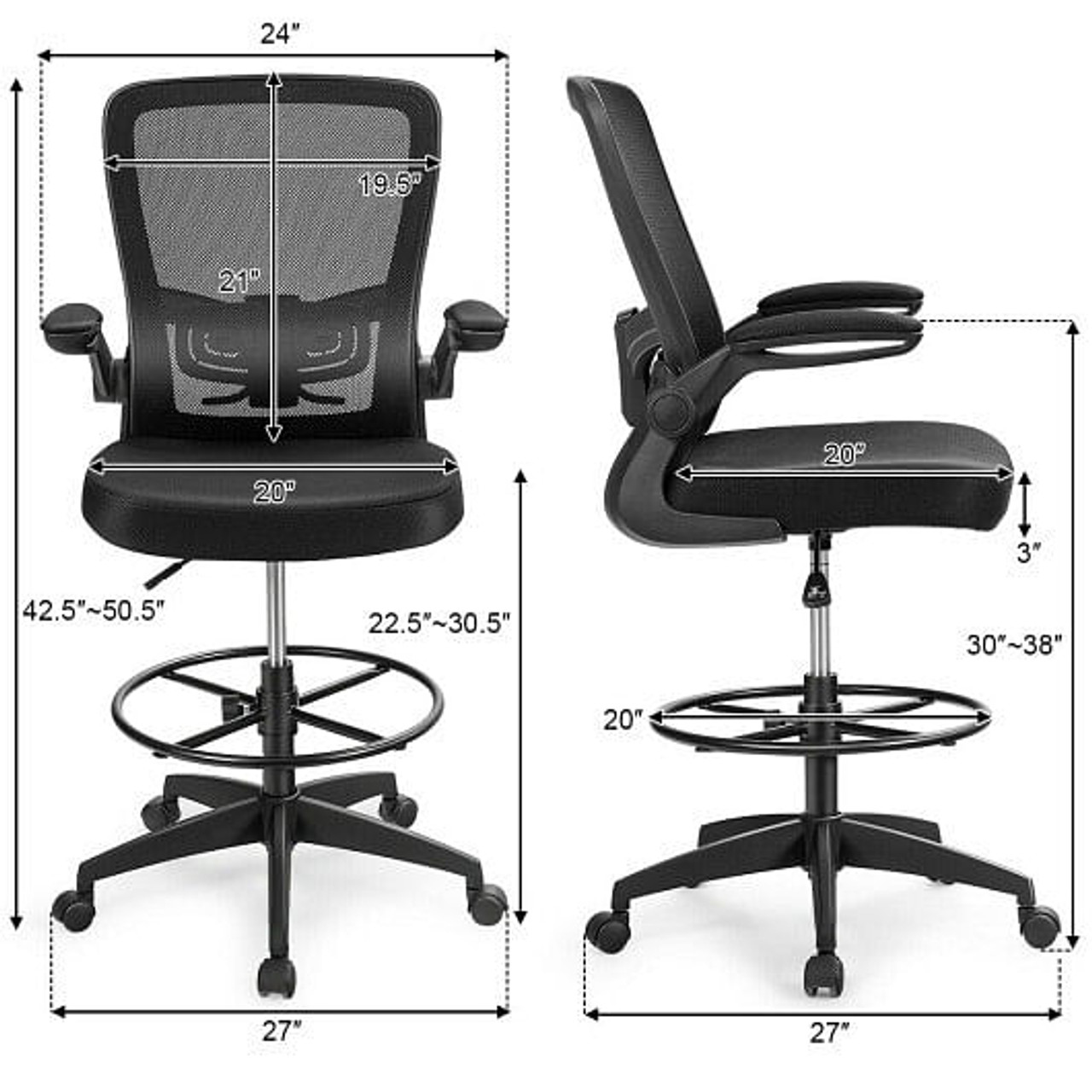 Height Adjustable Drafting Chair with Flip Up Arms-Black