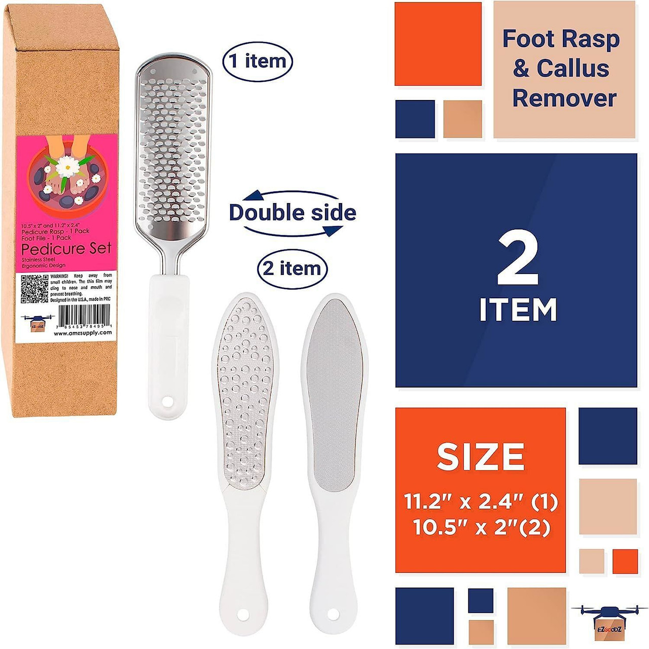 White Foot Rasp & Double Sided Callus Remover, Set of Stainless Steel 2 Sided Foot File and Additio
