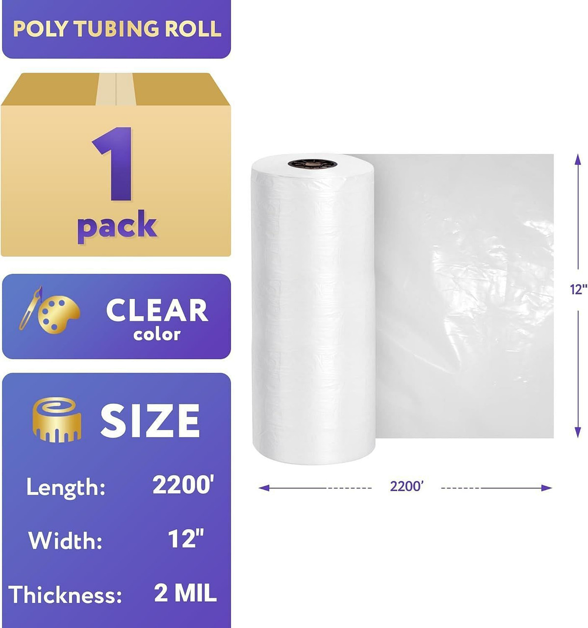 1 Pack of Poly Tubing on Roll; Clear 12" x 2200'. Thickness 2 Mil. Polyethylene Packaging for Light