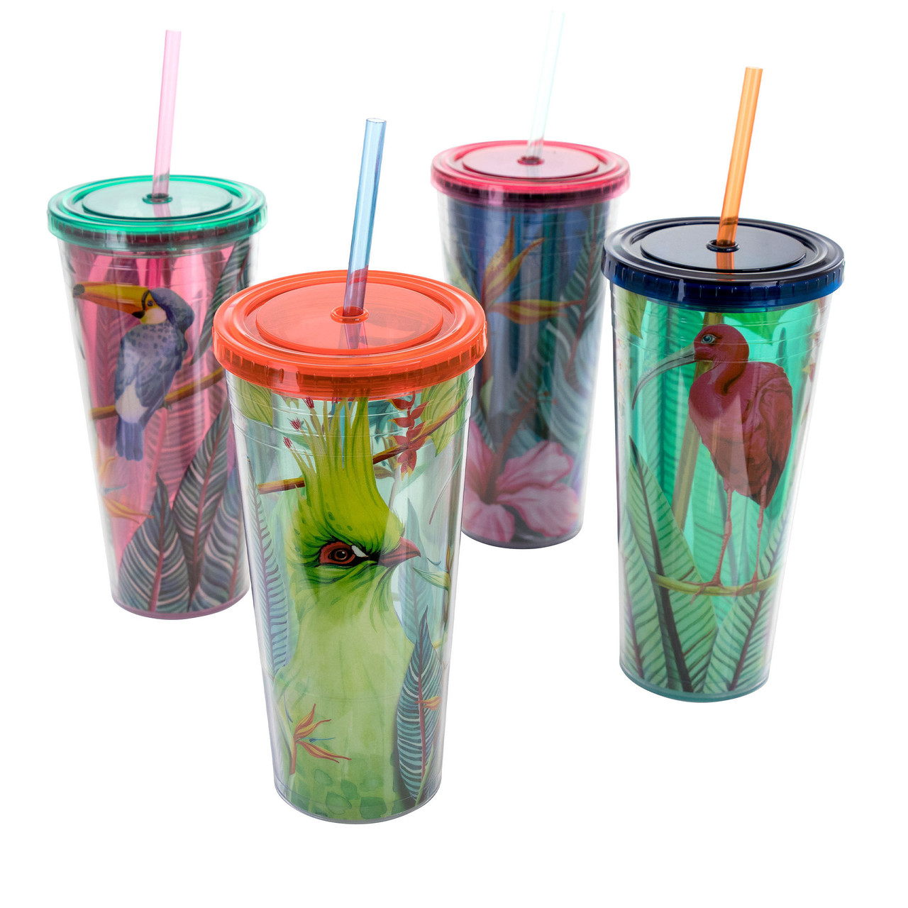 Gibson Home Tropical Bird 4 Piece 23.6 Ounce Double Wall Tumbler Set with Straw in Assorted Designs