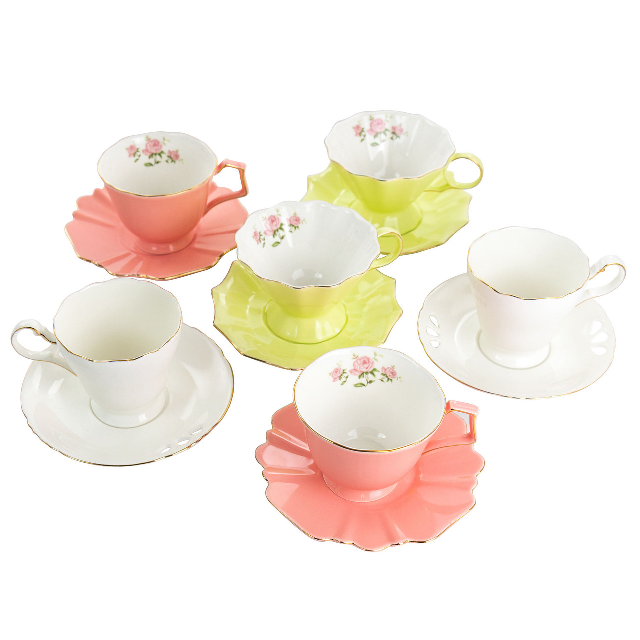 Meritage Montague 12 Piece Fine Ceramic Scalloped Cups with Saucers in 3 Assorted Designs