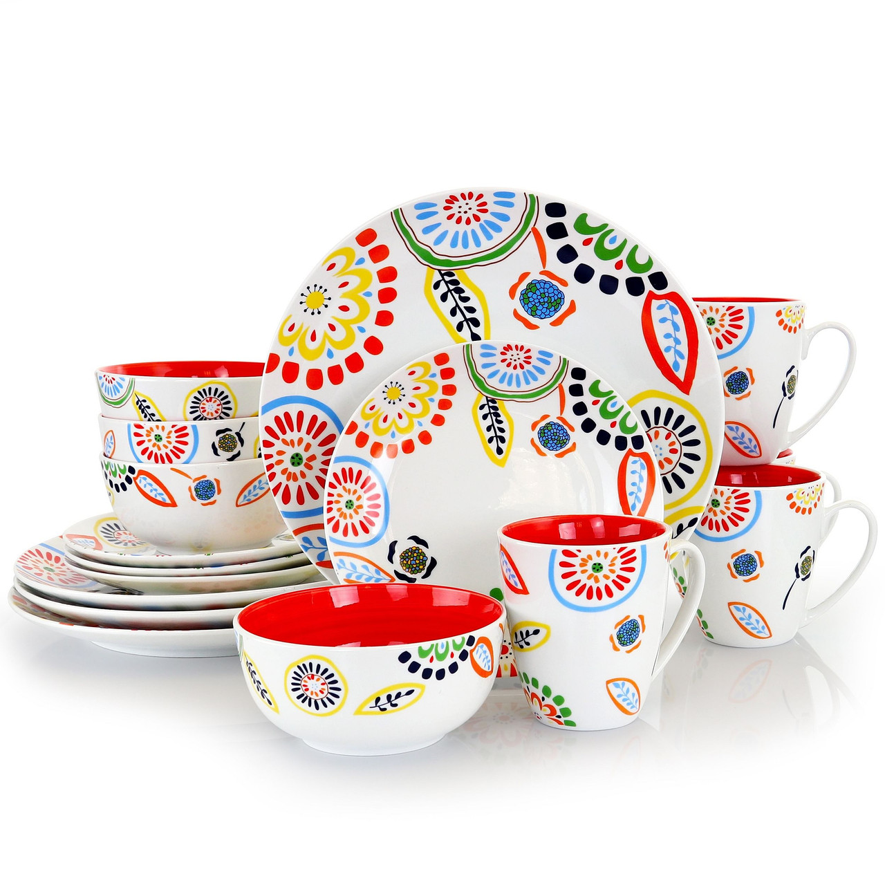 Gibson Home Colorful Bazaar 16 Piece Round Fine Ceramic Dinnerware Set in Red Orange