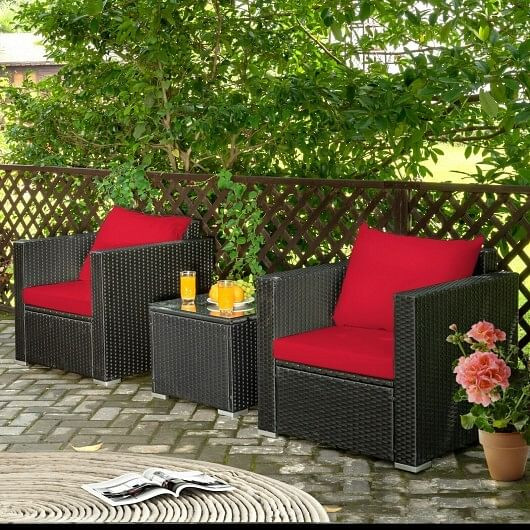 3 Pieces Patio Wicker Conversation Set? with Cushion-White