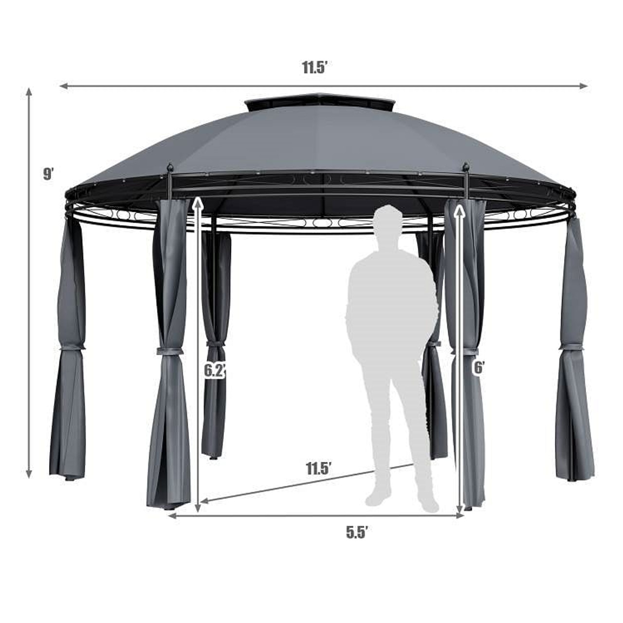 Circular Dome Hexagon Gazebo Canopy with Polyester Privacy Curtain in Grey