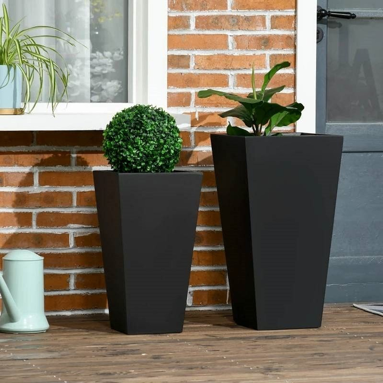 Set of 2 Modern Lightweight Black Outdoor Patio Flower Pot Tall Planter Box