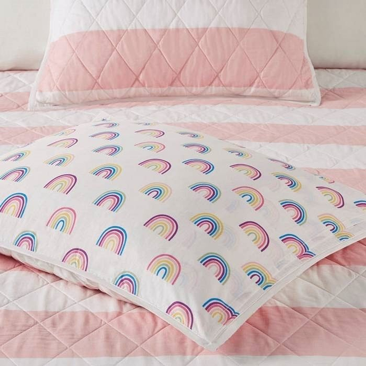 Twin Size 2 Piece Pink White Stripes Reversible Rainbows Cotton Quilt Set