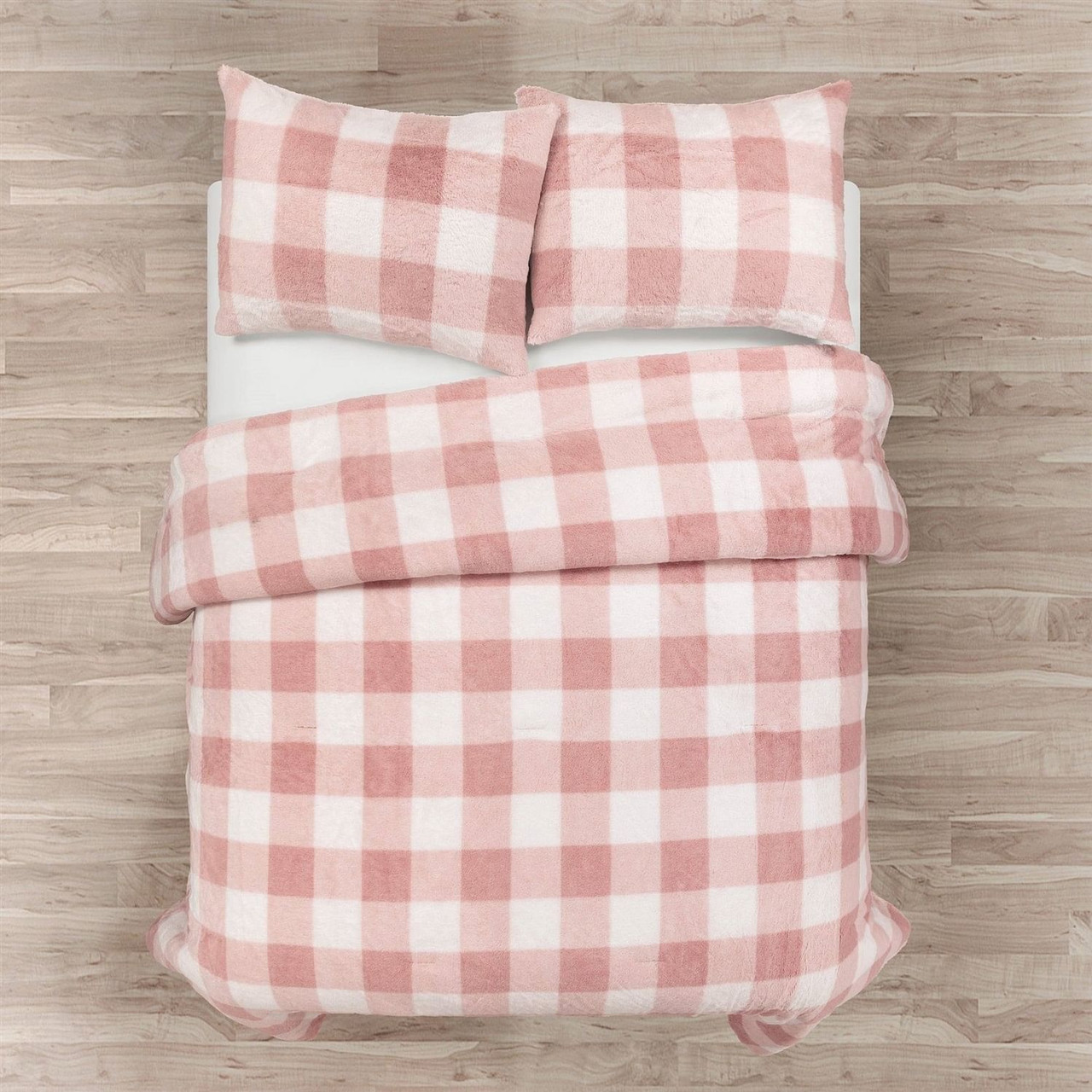 Full/Queen Size Plaid Soft Faux Fur Comforter Set Pink Blush