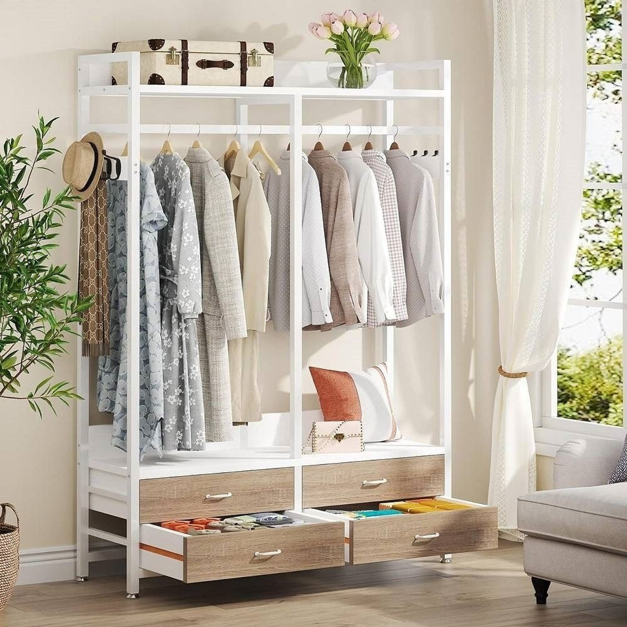 Freestanding White Oak Garment Rack Clothes Hanging Rod with 4 Storage Drawers