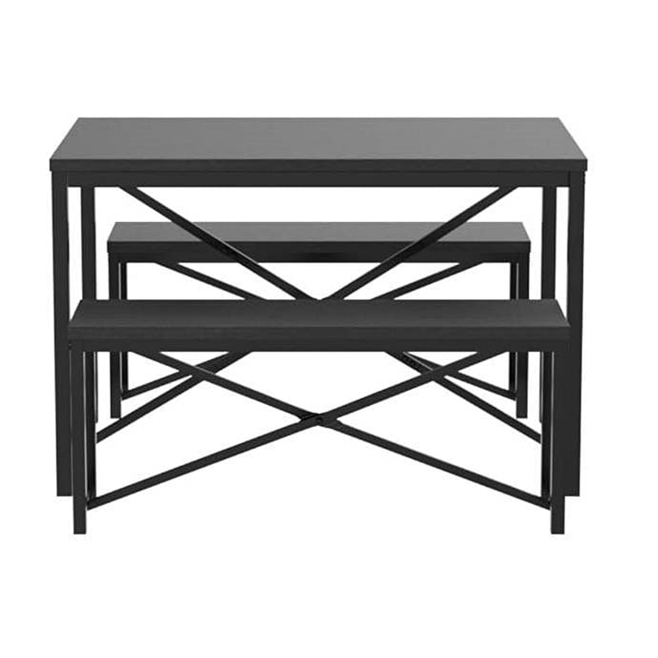 Modern 3-Piece Dining Set - Metal Frame Black Wood Top Table and 2 Bench Chairs