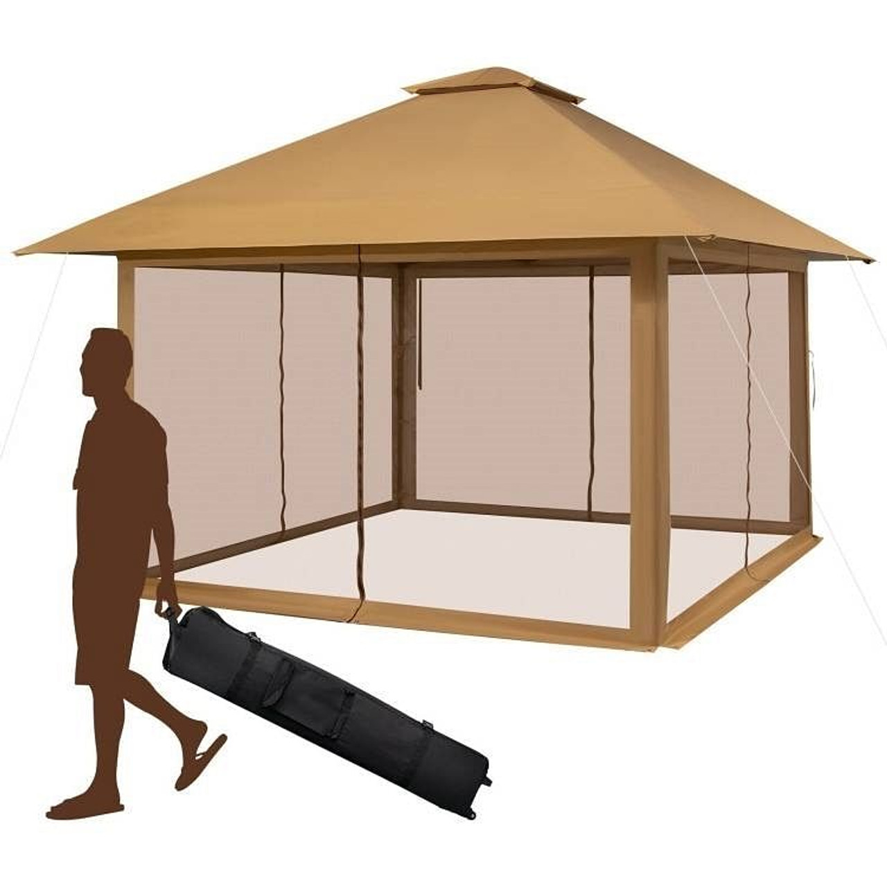 Brown 13 x 13 Ft Pop-Up Gazebo Outdoor Canopy w/ Mesh Mosquito Netting Sidewalls