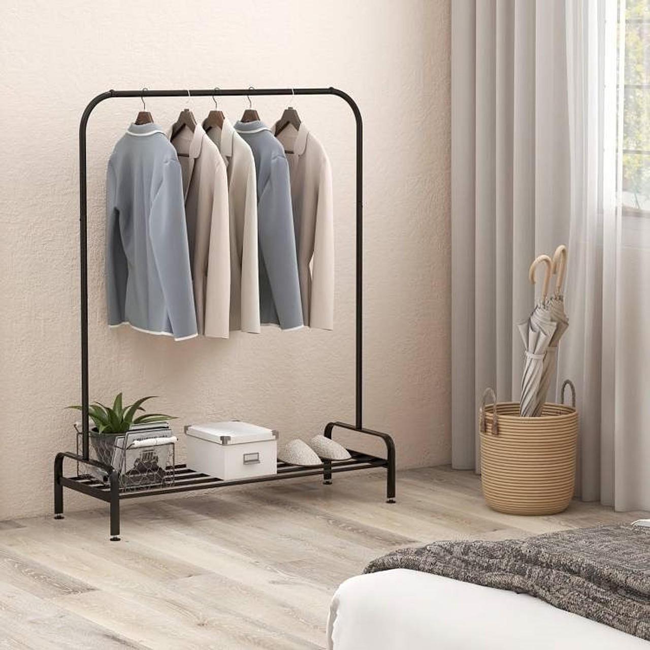 Heavy Duty Metal Garment Rack Clothes Hanging Rod with Bottom Storage Shelf