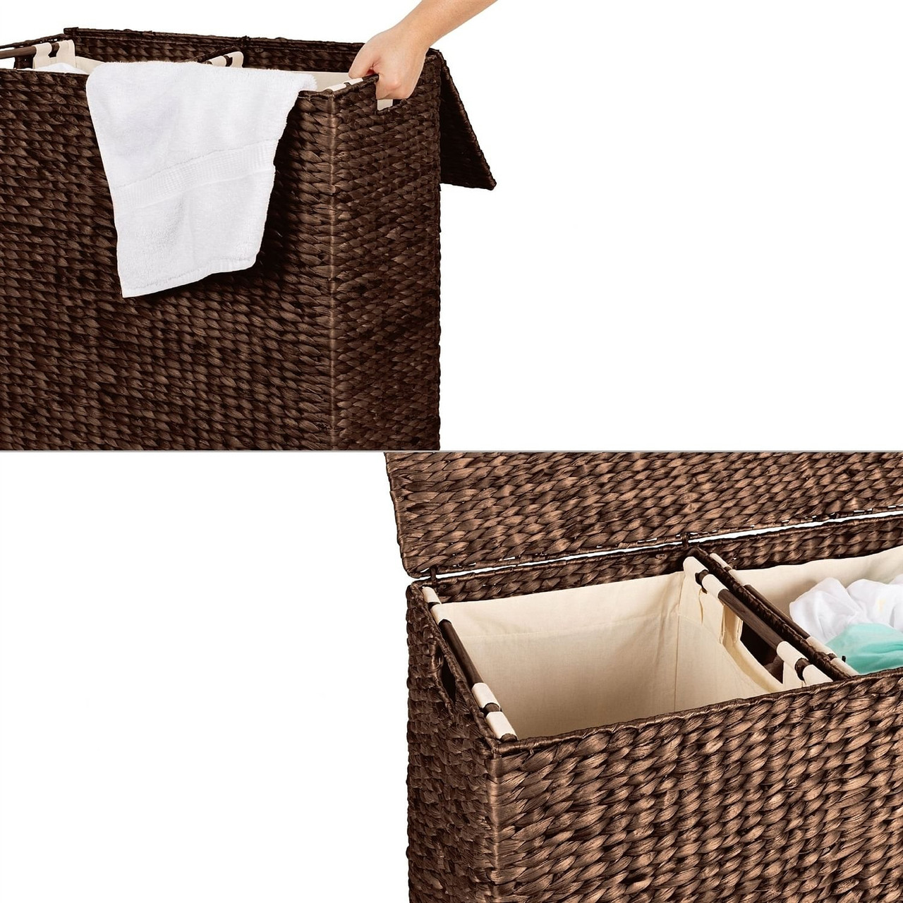 Espresso 2-Bin Handwoven Hyacinth Linen Liner Laundry Hamper w/ Handles