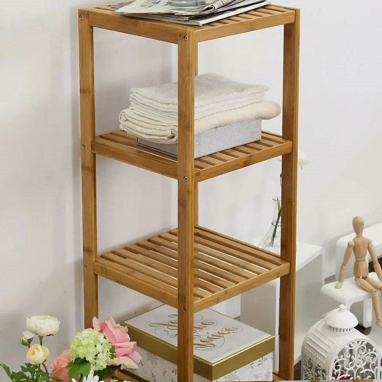 Solid Wood 4-Tier Bathroom Storage Shelving Unit