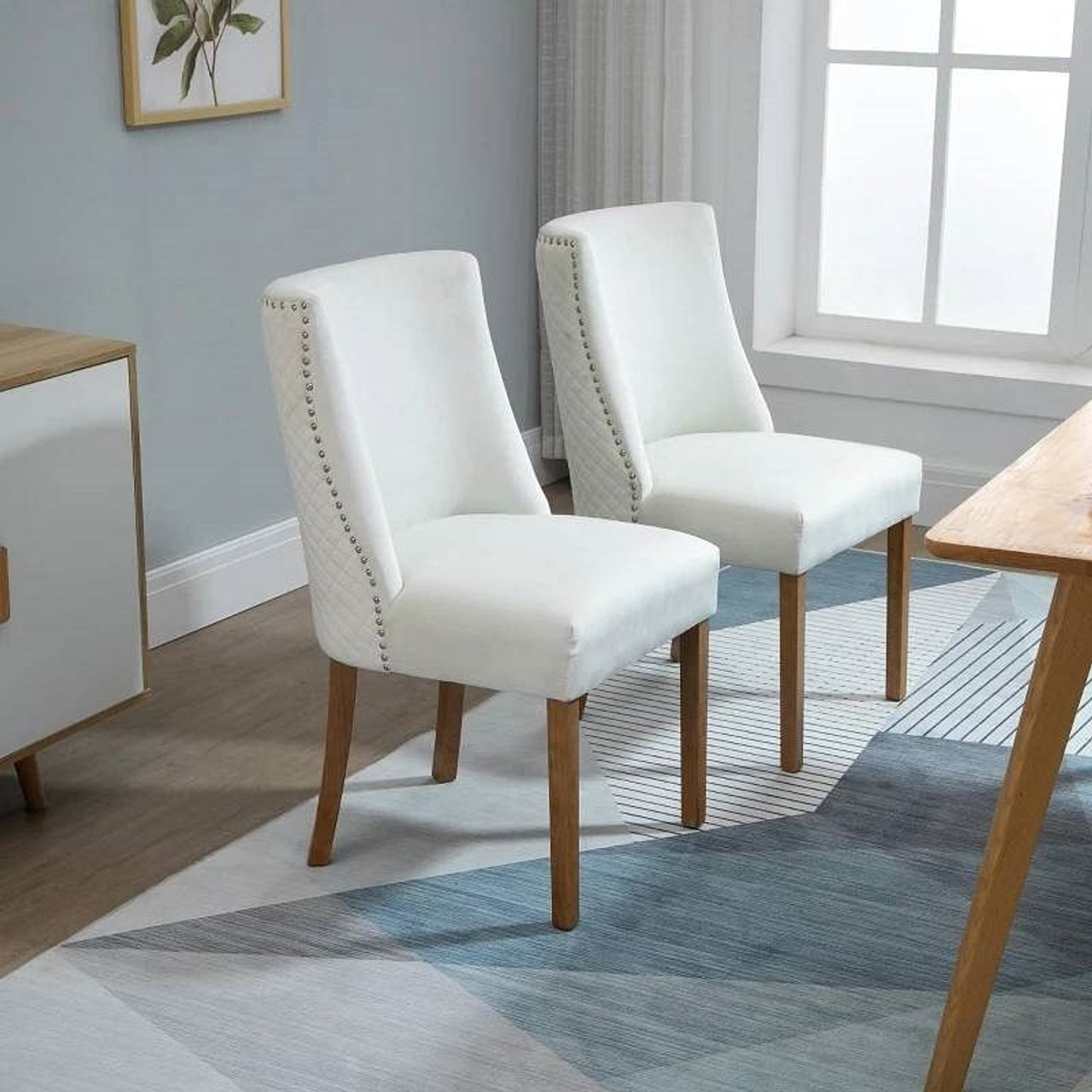 Set of 2 Modern Nailhead Diamond Stitch Upholstered Dining Chairs Beige White