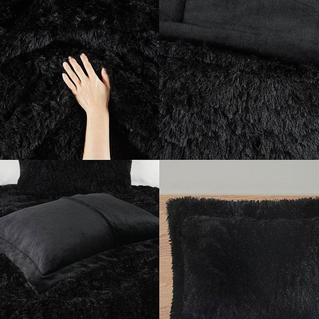 Twin/Twin XL Black Soft Sherpa Faux Fur 2-Piece Comforter Set with Shams