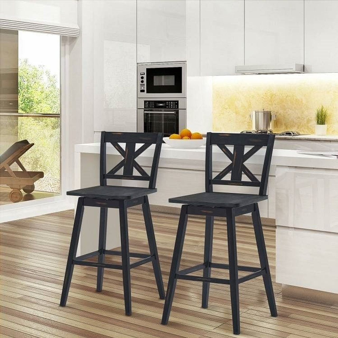 Set of 2 Black Wood 29-in Modern Kitchen Dining Farmhouse Swivel Seat Barstools