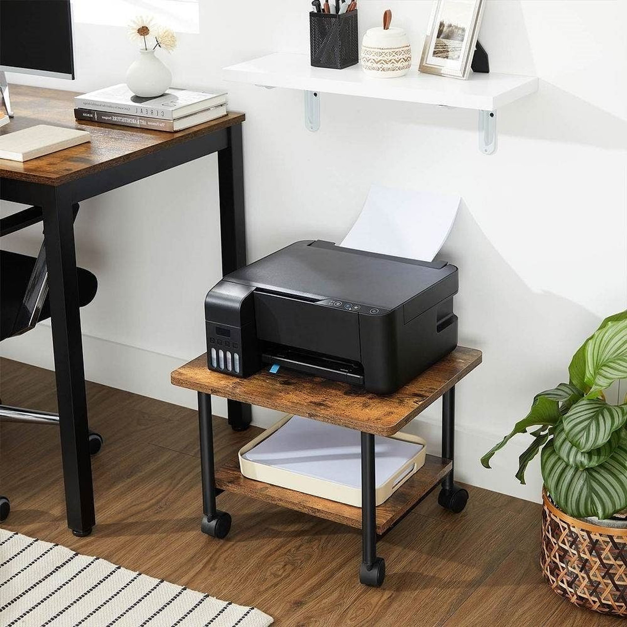 Industrial Black Metal Rustic Wood Printer Stand Cart with Bottom Paper Shelf