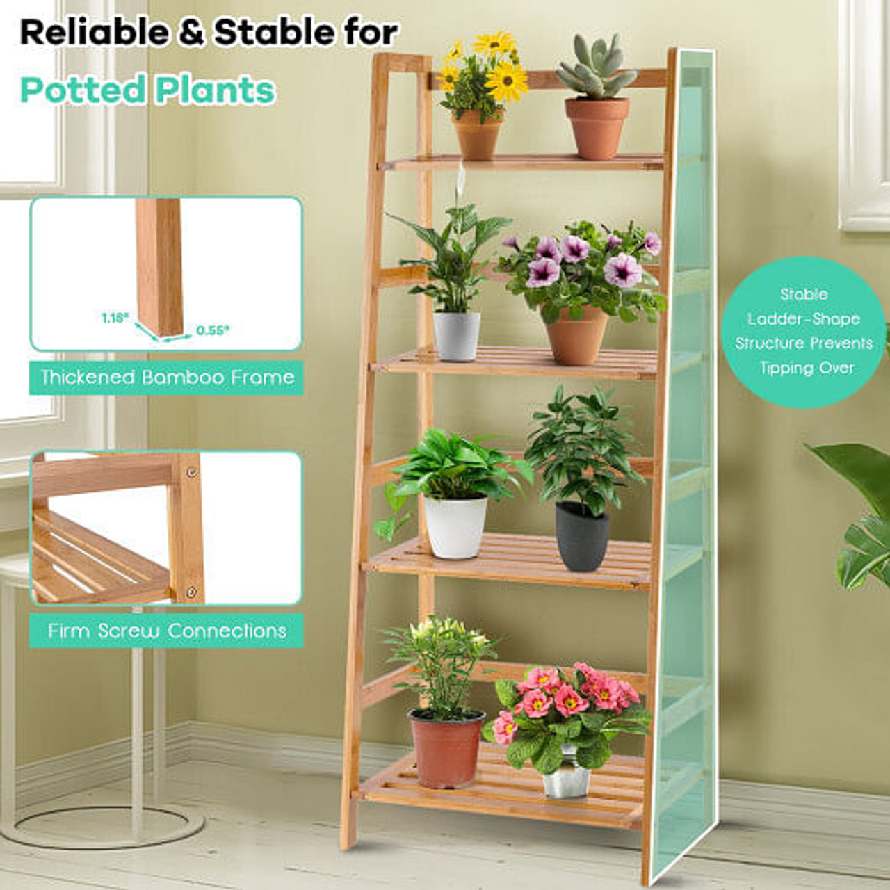 47.5 In 4-Tier Multifunctional Bamboo Bookcase Storage Stand Rack