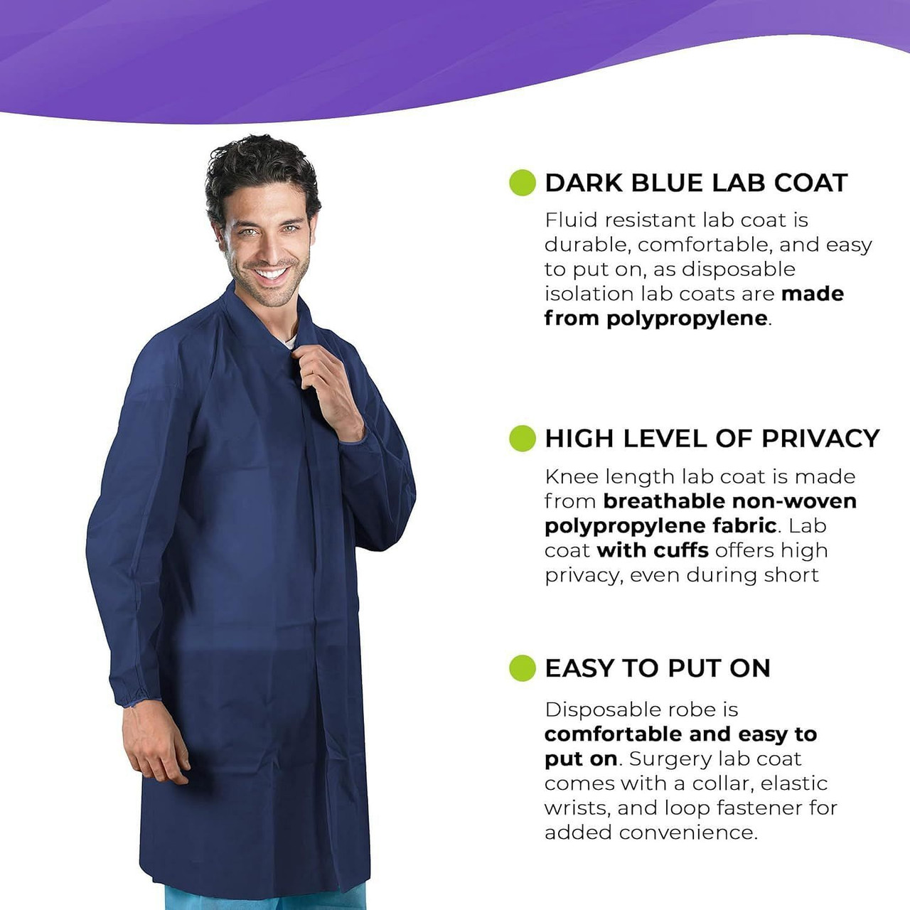 Disposable Lab Coat XX-Large, Pack of 50 Dark Blue Unisex Disposable Lab Coats for Adults, 35 GSM P