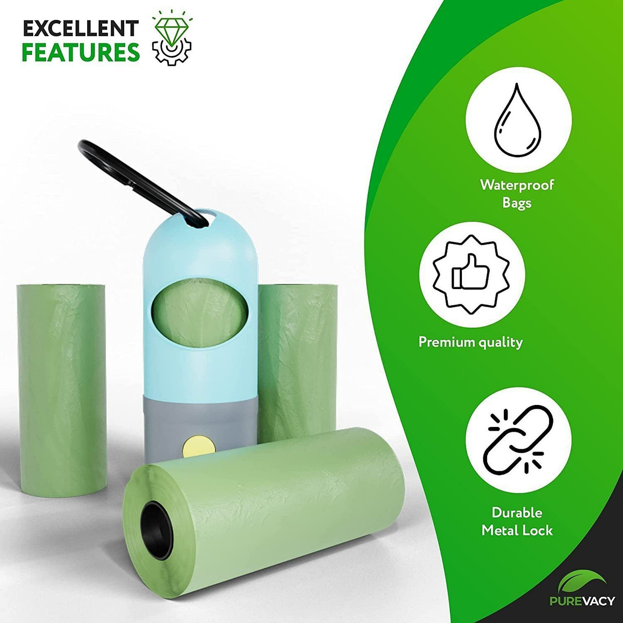 Dog Poop Bag Dispenser with 4 Rolls of 15 Bags in Each. Green Dog Poop Bag Holder with Flashlight f