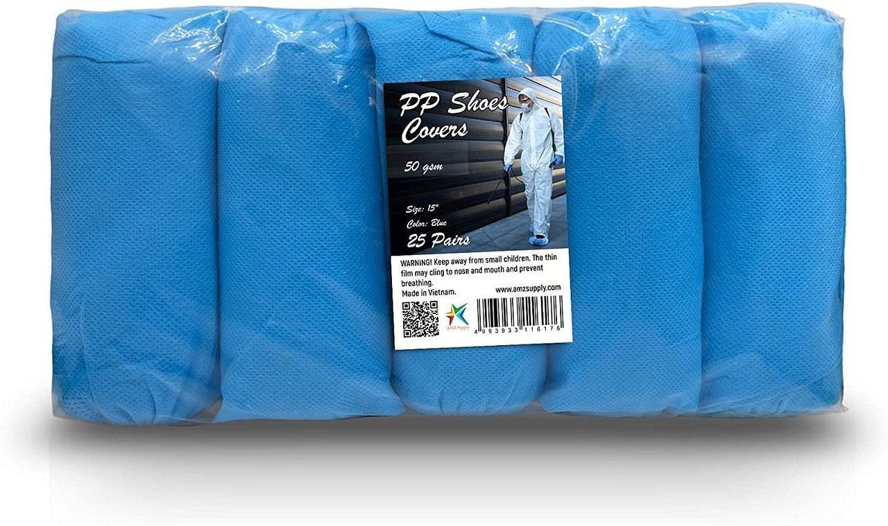 Disposable Shoe Covers for Indoors Non Slip 15". Pack of 50 Polypropylene Blue Shoe Booties Disposa