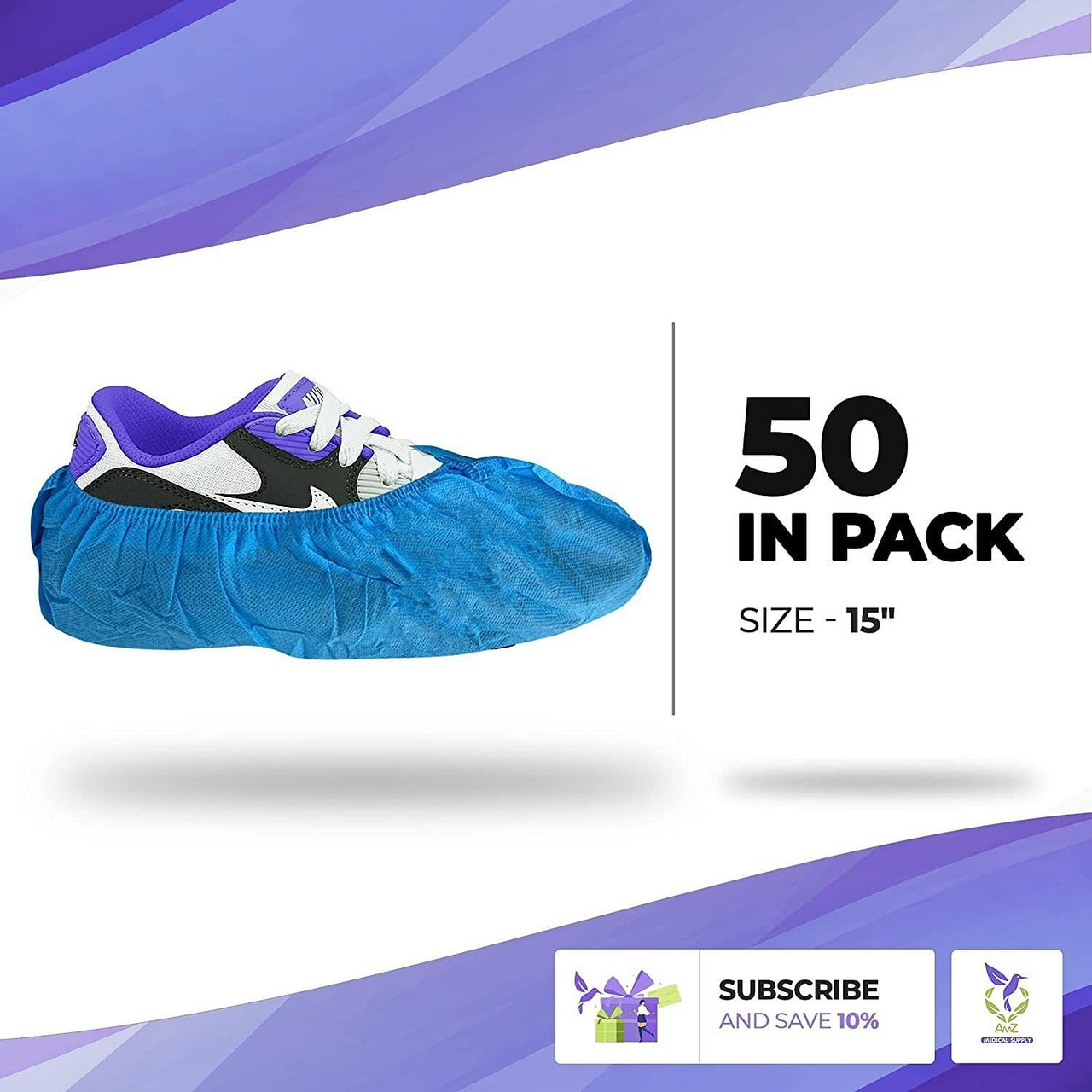 Disposable Shoe Covers for Indoors Non Slip 15". Pack of 50 Polypropylene Blue Shoe Booties Disposa