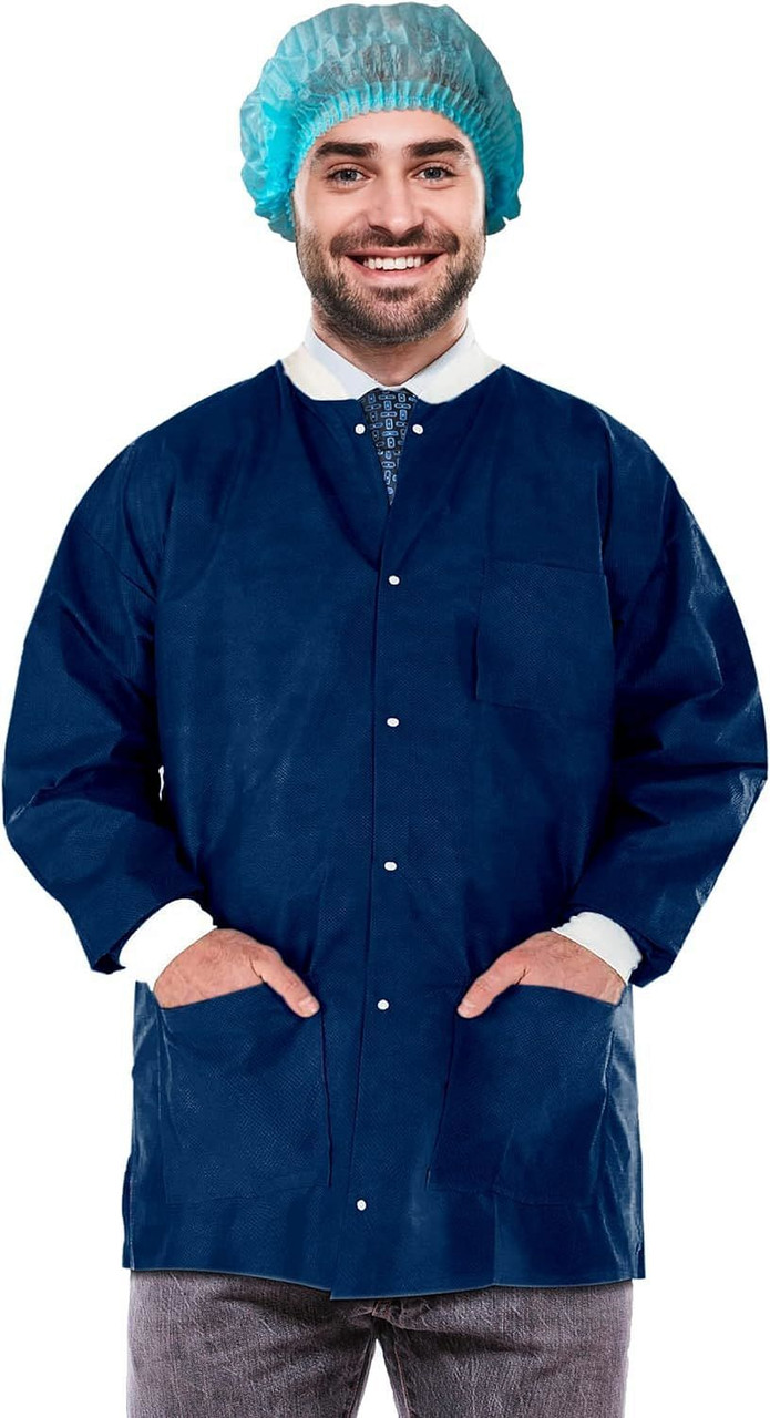Disposable Lab Jackets 32" Long. Pack of 100 True Blue Hip-Length Work Gowns X-Large. SMS 50 gsm Sh