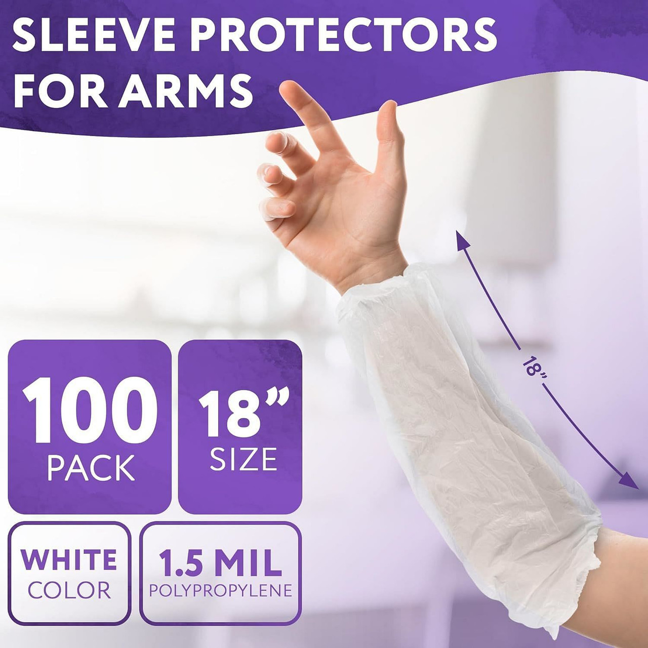 Disposable Sleeve Covers 18 Inch. Pack of 100 White Disposable Sleeves with Elastic Ends. 1.5 Mil P