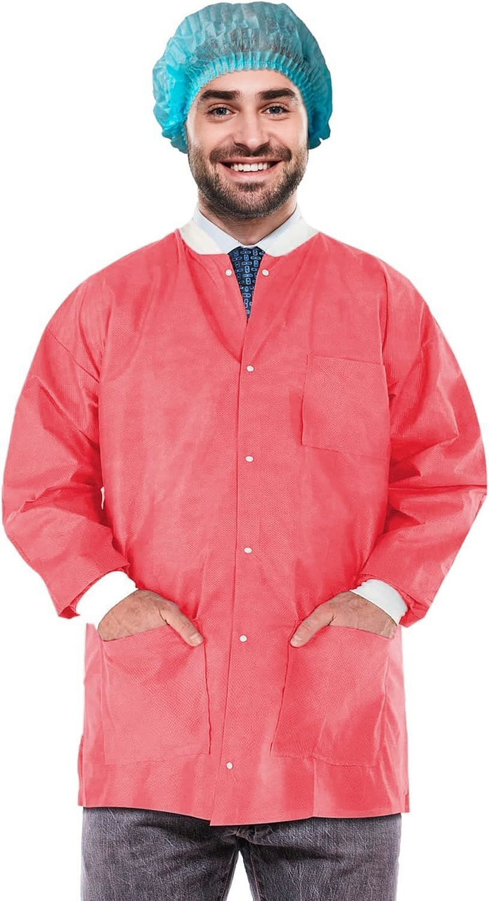 Disposable Lab Jackets, 30". Pack of 100 Coral Pink Hip-Length Work Gowns Medium. SMS 50 gsm Shirts