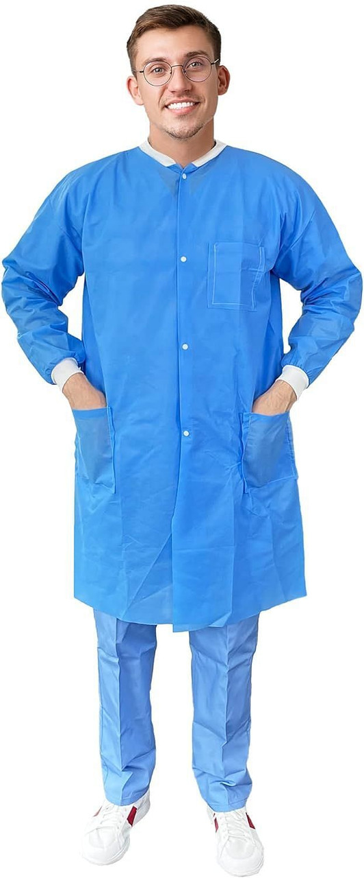 Disposable Lab Coats 44 inch Long. Pk of 100 Medical Blue Work Gowns Large. SMS 40 gsm PPE Clothing