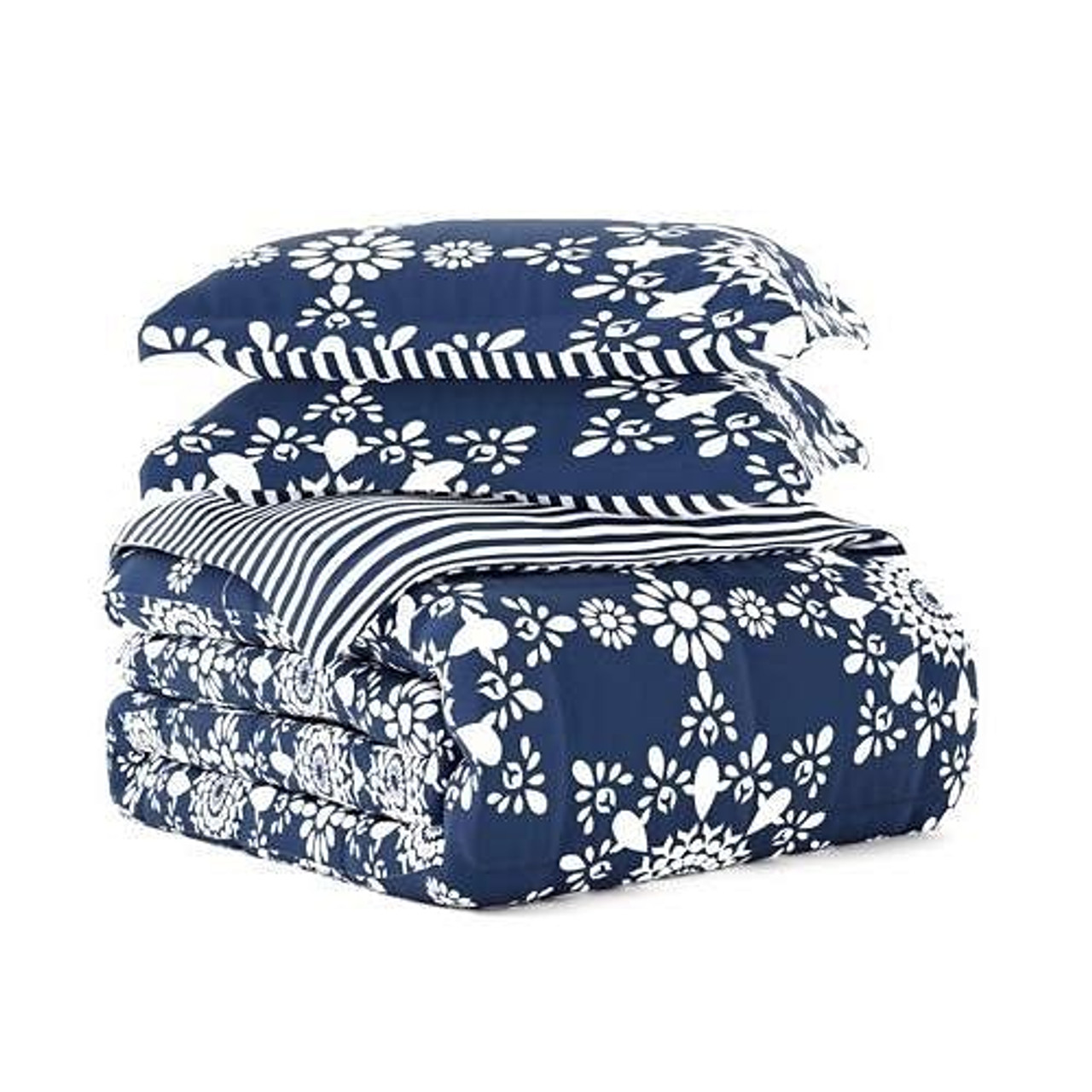 Full/Queen size 3-Piece Navy Blue White Reversible Floral Striped Comforter Set
