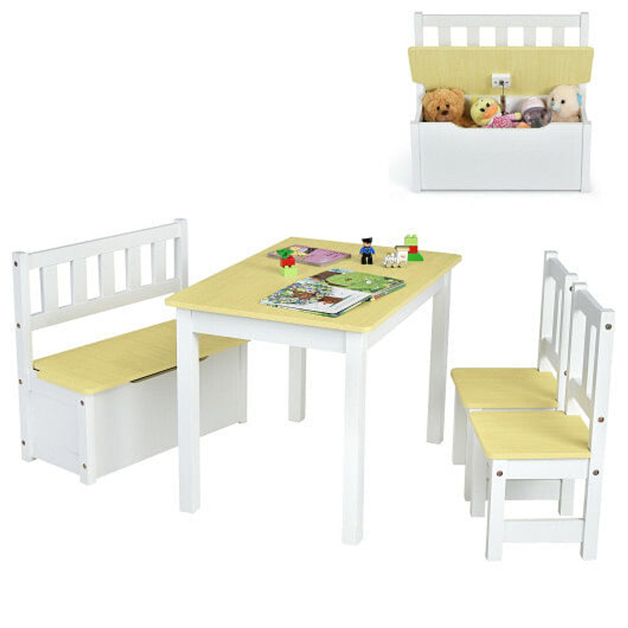 4 Pieces Kids Wooden Activity Table and Chairs Set with Storage Bench and Study Desk-Gray