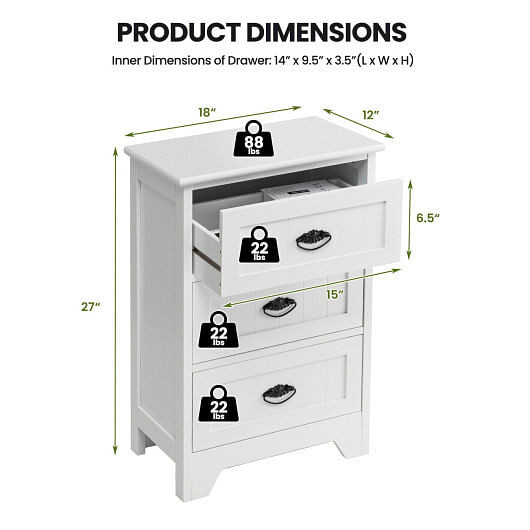 3 Drawers End Storage Wood Side Nightstand-Black