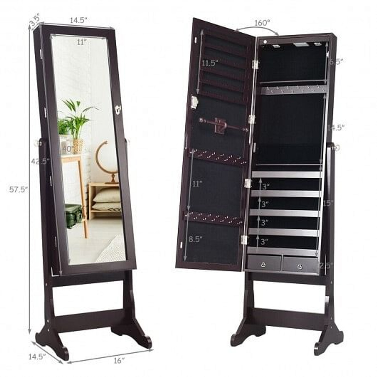 Lockable Mirrored Jewelry Cabinet with Stand and Led Lights-Brown