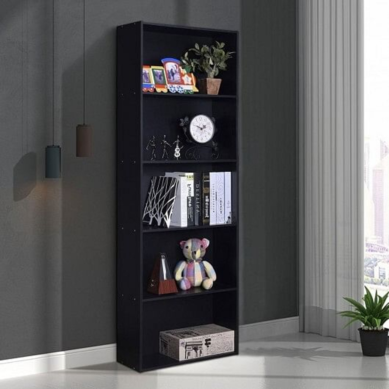 5-Shelf Storage Bookcase Modern Multi-Functional Display Cabinet Furniture-Black