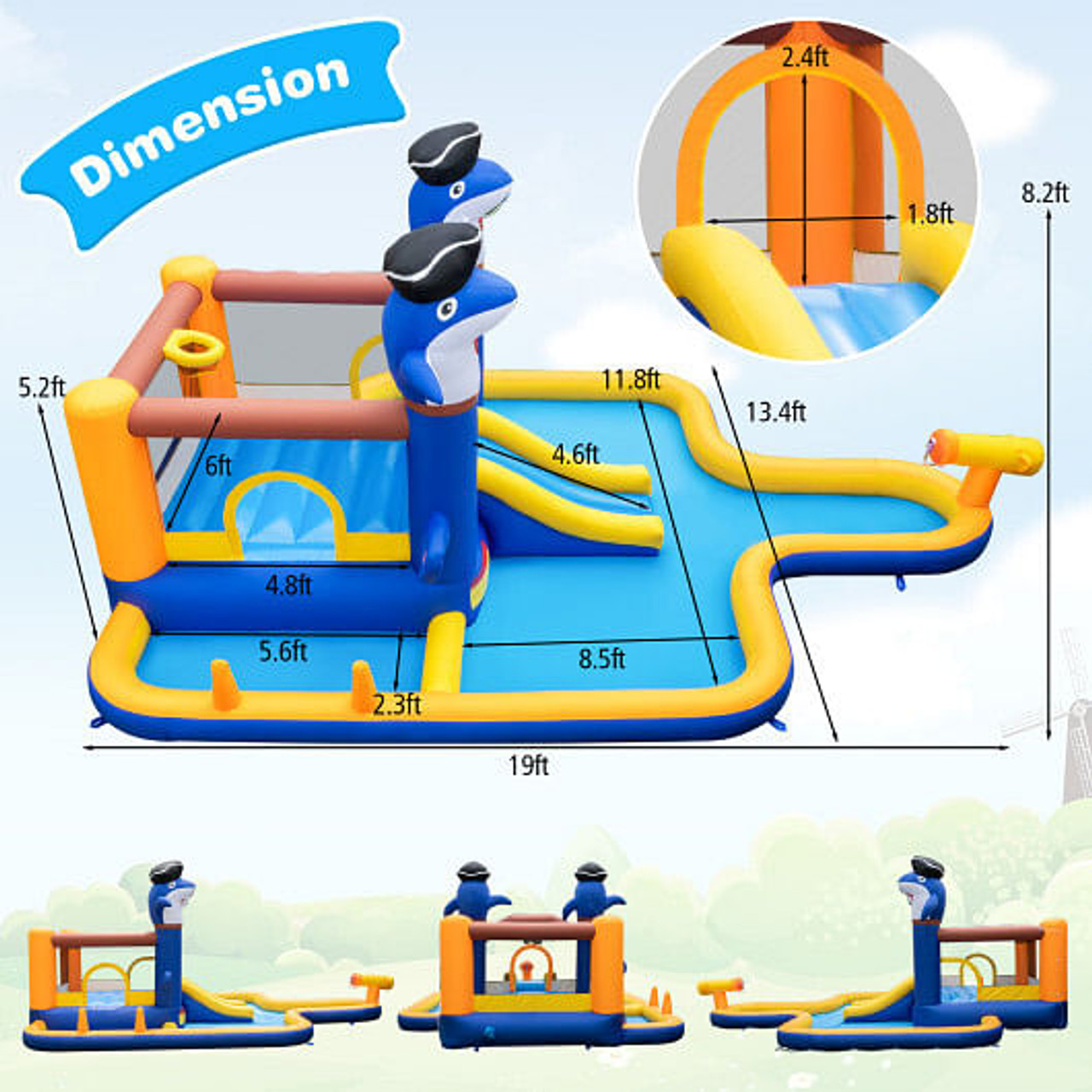 7-In-1 Water Slide Park with Splash Pool and Water Cannon with 750W Blower
