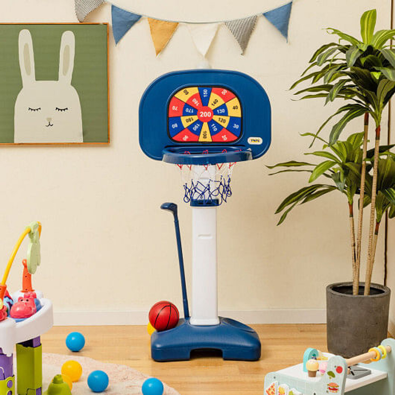 4-In-1 Adjustable Kids Basketball Hoop with Ring Toss Sticky Ball