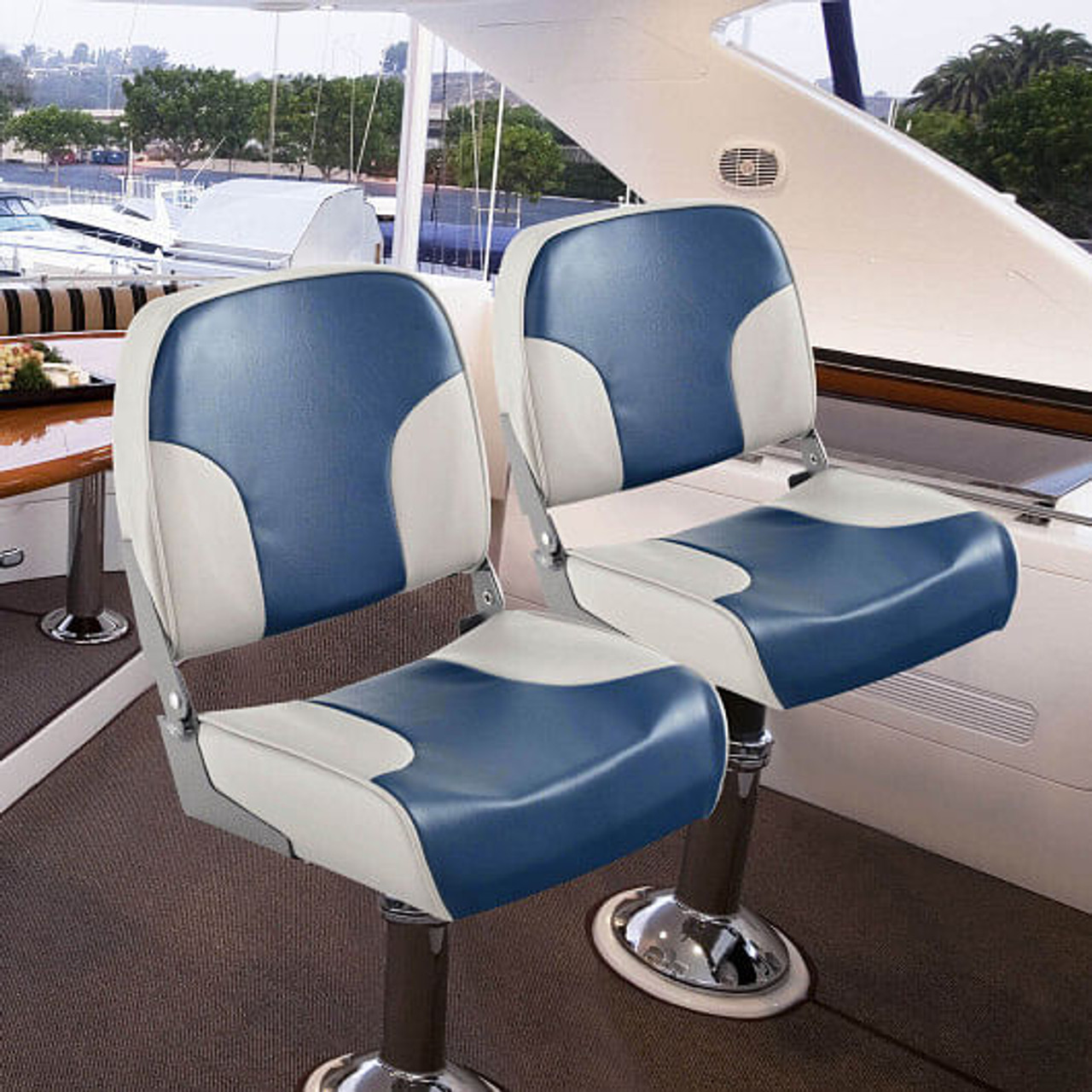 2 Pieces Low Back Boat Seat Set with Sponge Padding and Aluminum Hinges-Blue