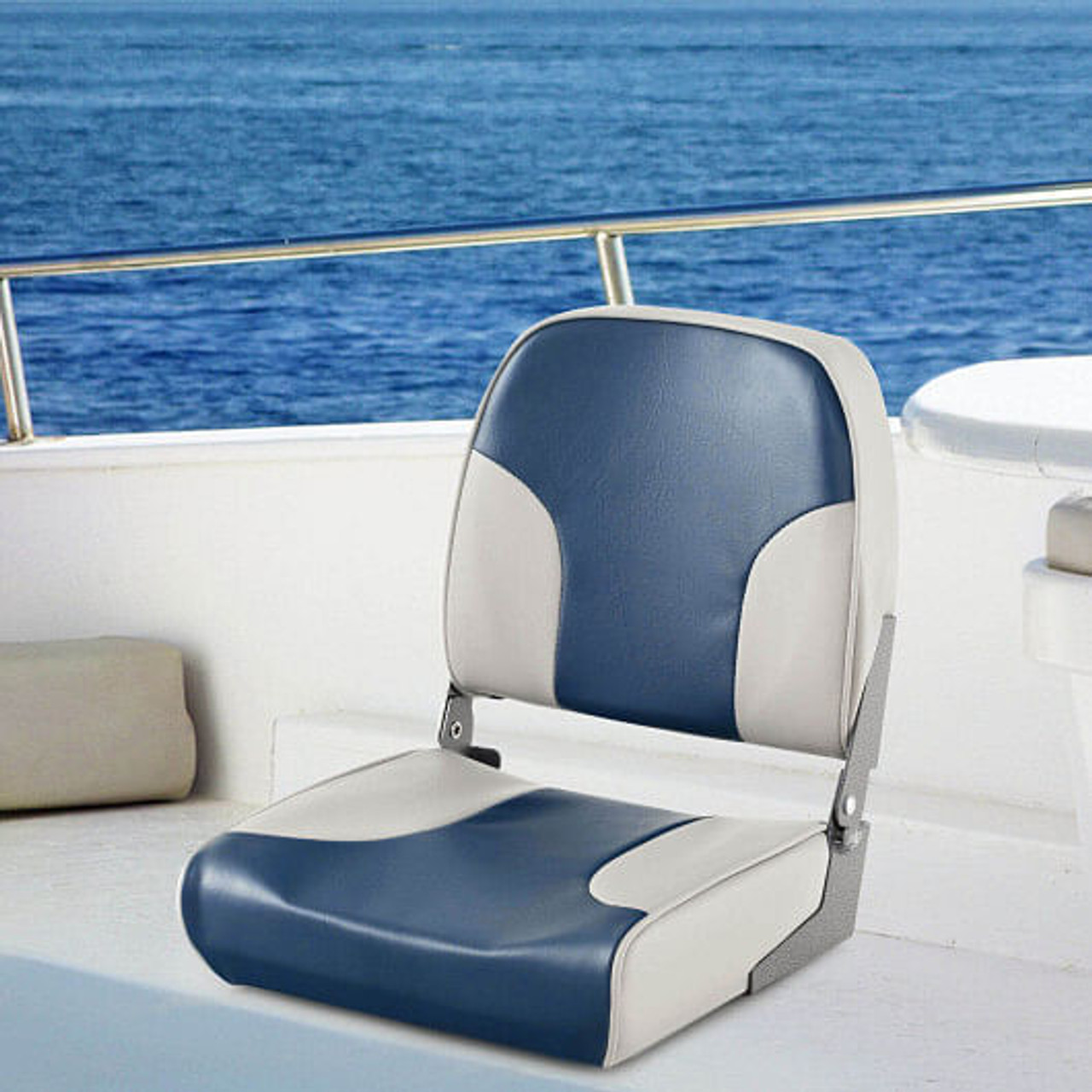 2 Pieces Low Back Boat Seat Set with Sponge Padding and Aluminum Hinges-Blue