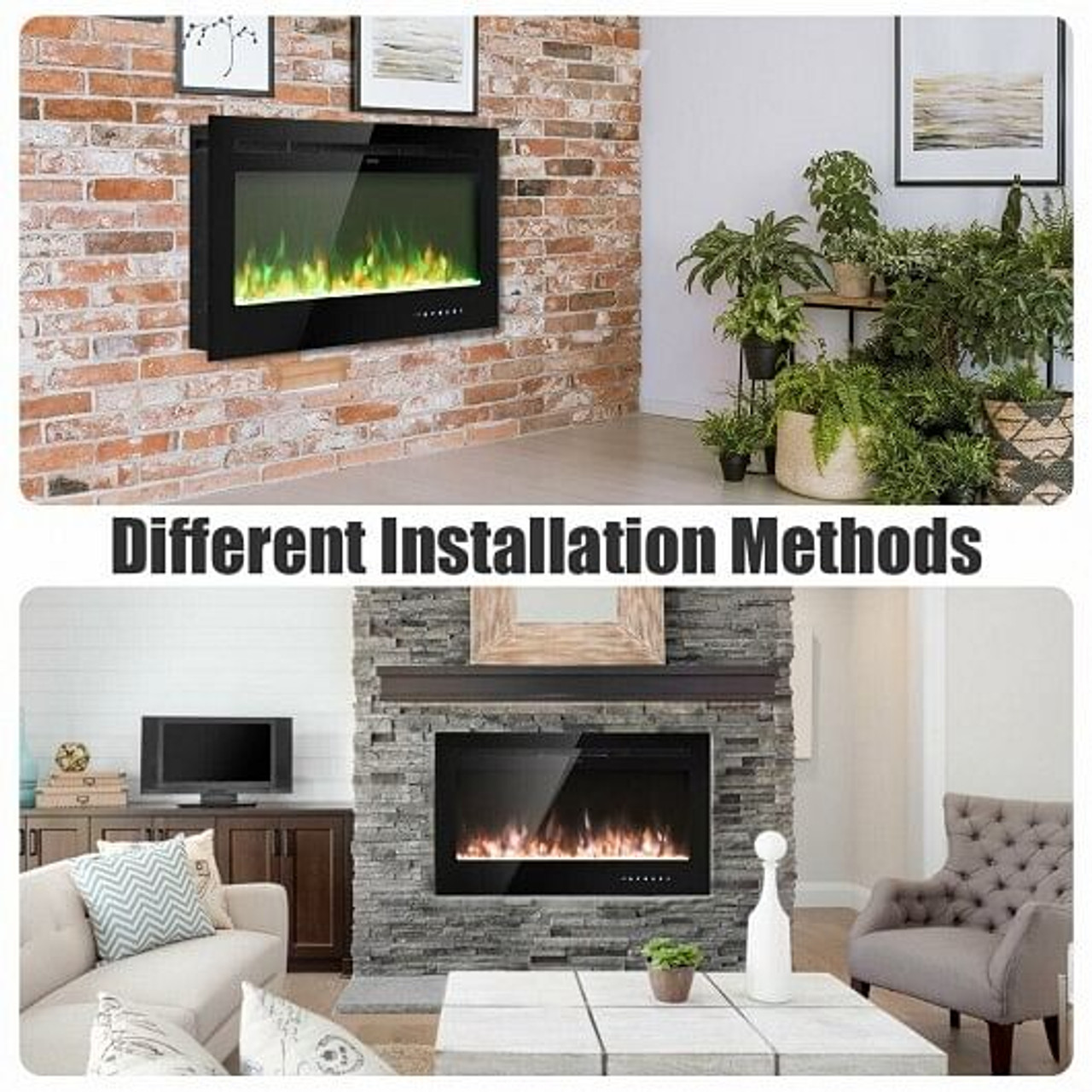 36 Inch Electric Fireplace Insert Wall Mounted with Timer