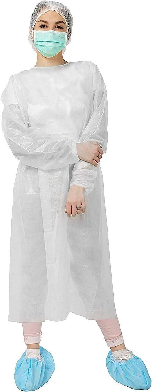 Hospital Disposable Gowns with Sleeves X-Large, Pack of 50 White Medical Isolation Gowns Disposable