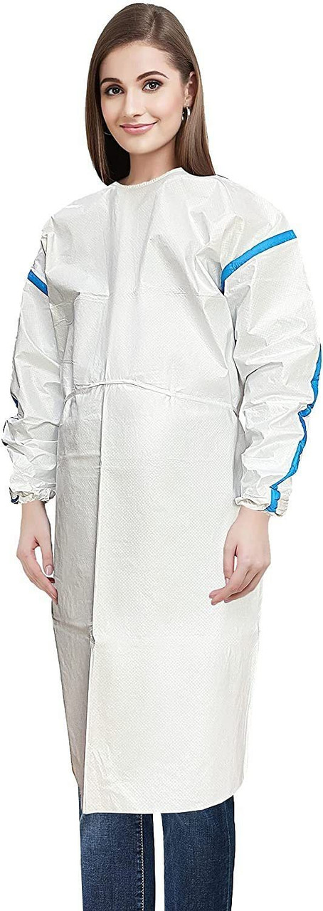 Disposable Isolation Gowns in Bulk. Pack of 25 White Polypropylene 50 gsm Frocks with Waterproof Mi
