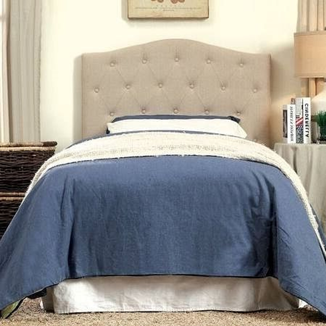 Twin Size Ivory Beige Fabric Upholstered Button Tufted Headboard