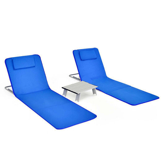 3 Pieces Beach Lounge Chair Mat Set 2 Adjustable Lounge Chairs with Table Stripe-Stripe